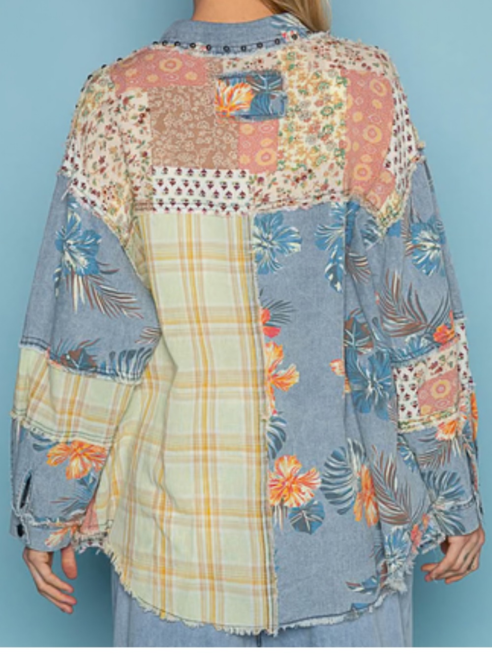 NEW POL Denim Multi Patchwork Floral & Plaid Shacket in Blue, Yellow, Cream - Picture 3 of 6